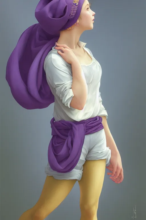 Image similar to Full View girl with short blond hair wearing an oversized purple Beret, Baggy Purple overall shorts, Short Puffy pants made of silk, silk shoes, a big billowy scarf, Golden Ribbon, and white leggings Covered in stars. Short Hair. masterpiece 4k digital illustration by Ruan Jia and Mandy Jurgens and Artgerm and william-adolphe bouguereau, award winning, Artstation, art nouveau aesthetic, Alphonse Mucha background, intricate details, realistic, panoramic view, Hyperdetailed, 8k resolution, intricate art nouveau