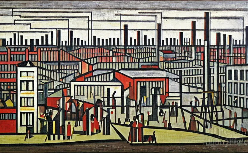 Image similar to geometric painting of industrial buildings surrounded by undergrowth by l. s. lowry