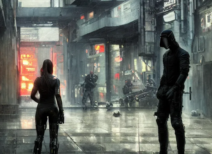 Image similar to Maria evades sgt Nash. Cyberpunk hacker wearing stealth suit hiding from police patrol (blade runner 2049, cyberpunk 2077). Dark industrial plant. Orientalist portrait by john william waterhouse and James Gurney and Theodore Ralli and Nasreddine Dinet, oil on canvas. Cinematic, hyper realism, realistic proportions, dramatic lighting, high detail 4k