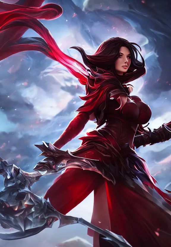 Image similar to a beautiful fierce long black haired woman wearing red dress wielding black sword posing heroically, heavenly moonlit clouds background, close up shot, league of legends style, splash art, highly detailed, vray, artstation, extremely detailed woman, stunning volumetric lighting, hyper realism, fantasy 4k