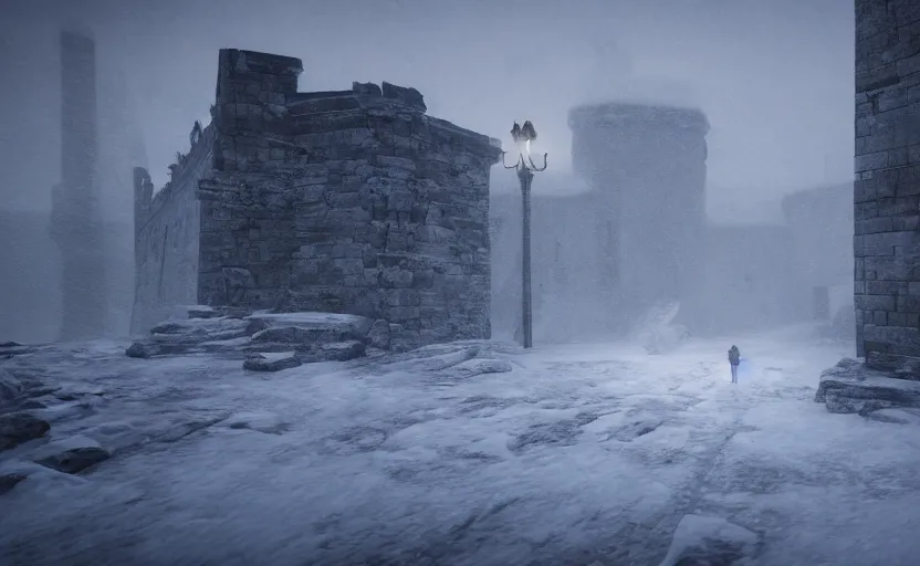 Image similar to King's Landing in the snowstorm at night, doomy, Unreal Engine, cinematic photography, highly-detailed, games of thrones, HBO, high resolution, 8k, photorealistic, stunning volumetric lighting