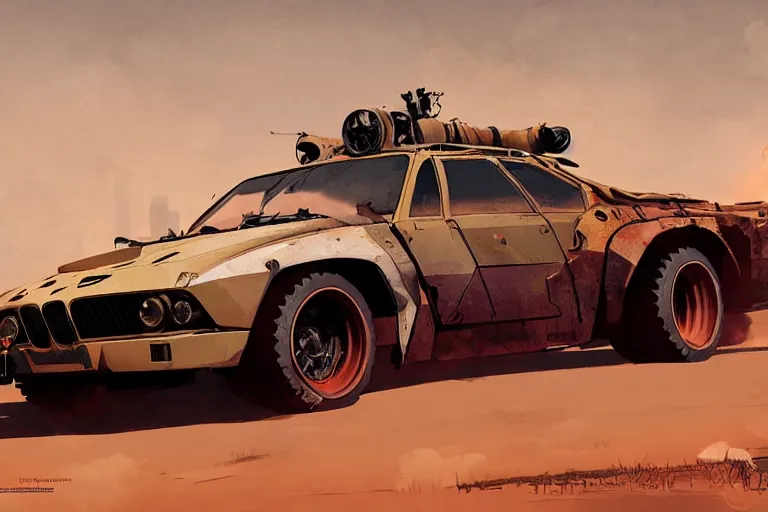 Image similar to dieselpunk digital illustration of mad max's bmw m 1 ( ( himars ) ) by makoto shinkai, ilya kuvshinov, lois van baarle, rossdraws, basquiat