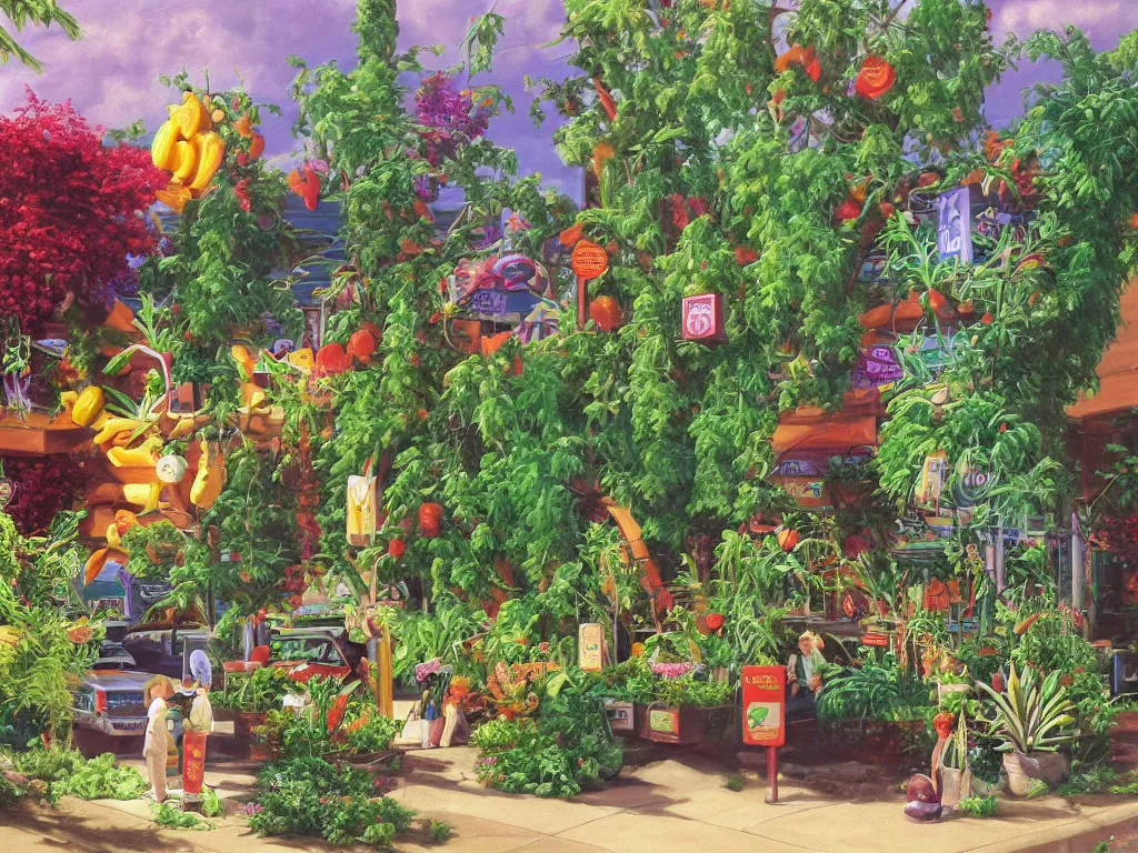 Prompt: Ordering at a busy McDonalds drive thru made of plants and gemstones, Peter Blume oil painting