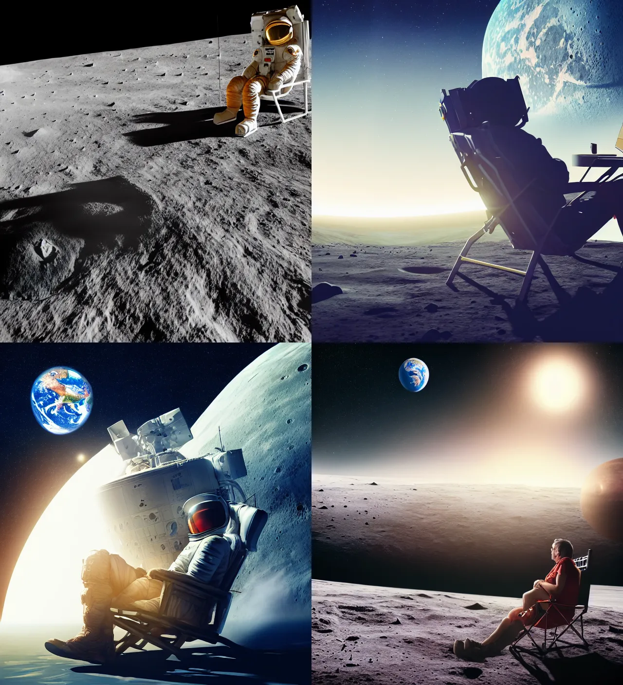 Prompt: astrosaunt sitting in lawn chair on the moon looking at earth hyper realism, cinematic, dramatic ambient lighting, epic composition, high detail, octane render, unreal engine, 8 k, vibrant colors, smooth gradients, high contrast, professional photo, photorealistic, digital artray tracing