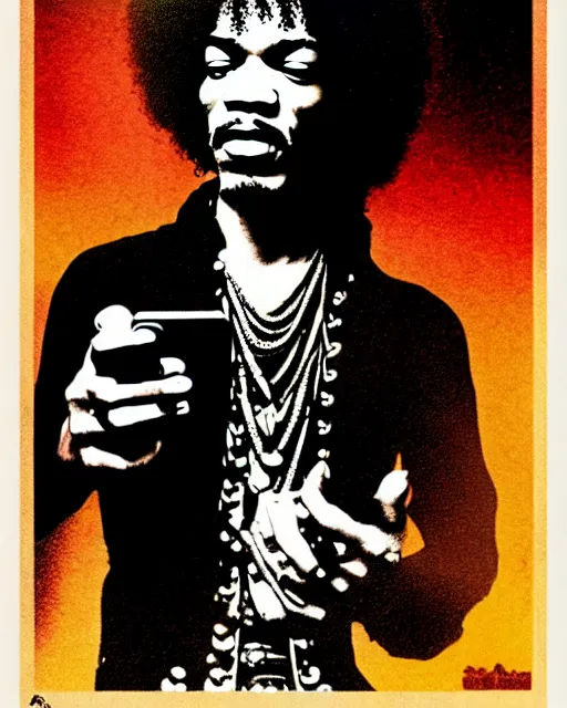 Prompt: grunge rock jimi hendrix taking a selfie with his iphone, instagram, tiktok, postmodern surrealist concert poster, grainy poster art, hand drawn matte painting by lynd ward and gary houston, smooth, sharp focus, extremely detailed, 5 0 mm.