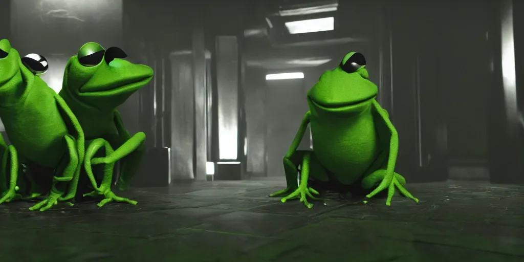 Prompt: the matrix starring kermit the frog dimly lit, unreal engine, octane render, 8 k