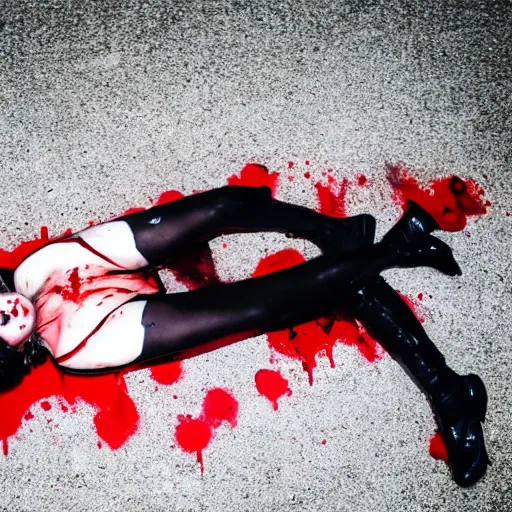 Image similar to a criminal photography taken of a dead harley quinn from suicide squad laying on the ground, blood is pooling under her, at night, super realistic.