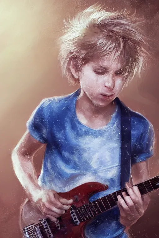 Prompt: blonde wild hair boy with eye - patch playing fender stratocaster, close - up portrait, plain white tshirt, powerfull, intricate, elegant, volumetric lighting, scenery, digital painting, highly detailed, artstation, sharp focus, illustration, concept art, ruan jia, steve mccurry