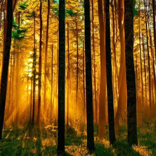 Prompt: rectilinear panorama forest dreamy photography photoreal calm golden hour sunlight clearing wood