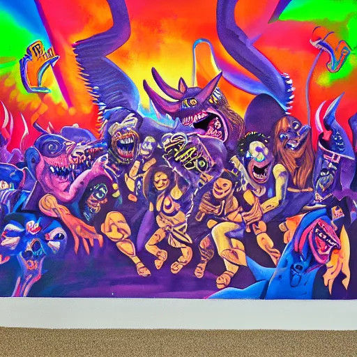 Prompt: mural of demons in rave party in hell by Chor Boogie