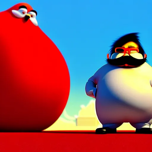 Image similar to a render of a round fat man in a red jumpsuit, wearing shiny black goggles, long pointy pink nose, long spikey light brown moustache, large cartoonish hands with white gloves, evil villain grin, high tech, hdr, 4 k, he is standing over the lorax, the lorax is on the ground, 3 d