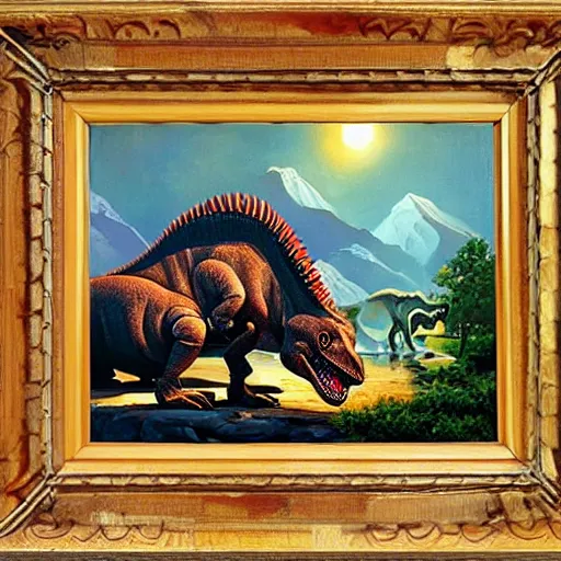 Prompt: dinosaurs eating peanut brittle painting by brothers hildebrandt