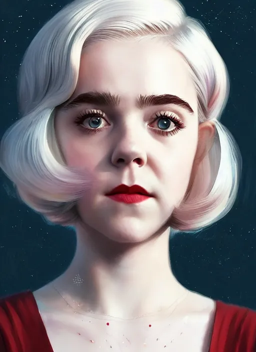 Image similar to portrait of kiernan shipka as sabrina spellman, white hair, 1 9 6 0 s bob hairstyle, hairband, intricate, elegant, glowing lights, highly detailed, digital painting, artstation, concept art, smooth, sharp focus, illustration, art by wlop, mars ravelo and greg rutkowski