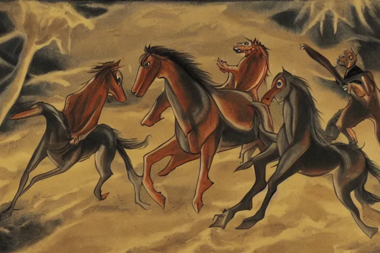 Prompt: dracula horses fight scene with the wolves, el garing art style