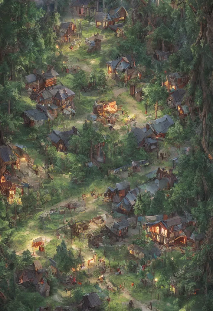 Prompt: a cabin town surrounded by forest, artstation, people, path, detailed, artstation