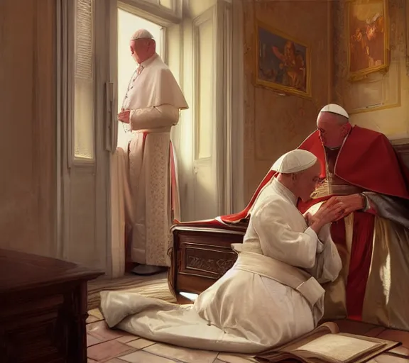 Prompt: photography of a pope kissing a sensual woman in a bedroom, deep focus, elegant, highly detailed, digital painting, artstation, concept art, matte, sharp focus, illustration, art by artgerm and greg rutkowski and alphonse mucha