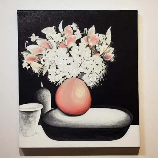 Image similar to “a portrait in an art student’s apartment, a vase in the shape of a feminine pig, pork, ikebana white flowers, white wax, squashed berries, acrylic and spray paint and oilstick on canvas, by munch and Dali”