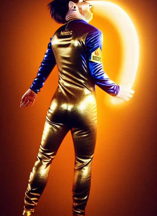 Prompt: a gorgeous lionel messi photo, professionally retouched, soft lighting, wearing shiny gold catsuit, illuminated by floating, glowing alien symbols, realistic, smooth face, perfect eyes, wide angle, sharp focus on eyes, 8 k high definition, insanely detailed, intricate, elegant, art by artgerm and wlop