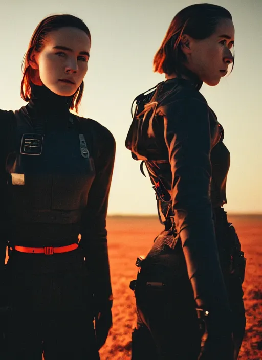 Image similar to cinestill 5 0 d photographic portrait of two loving female androids wearing rugged black techwear on a desolate plain with a red sky, extreme closeup, cyberpunk style, garters, dust storm, 8 k, hd, high resolution, 3 5 mm, f / 3 2, ultra realistic faces, ex machina