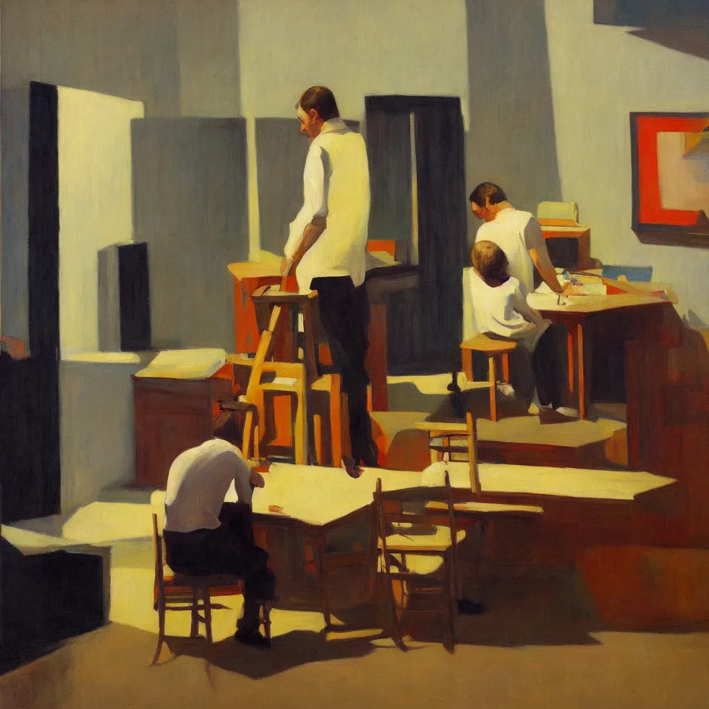 Prompt: painting of a artist, creating in his studio alone, in a huge studio, in the style of edward hopper