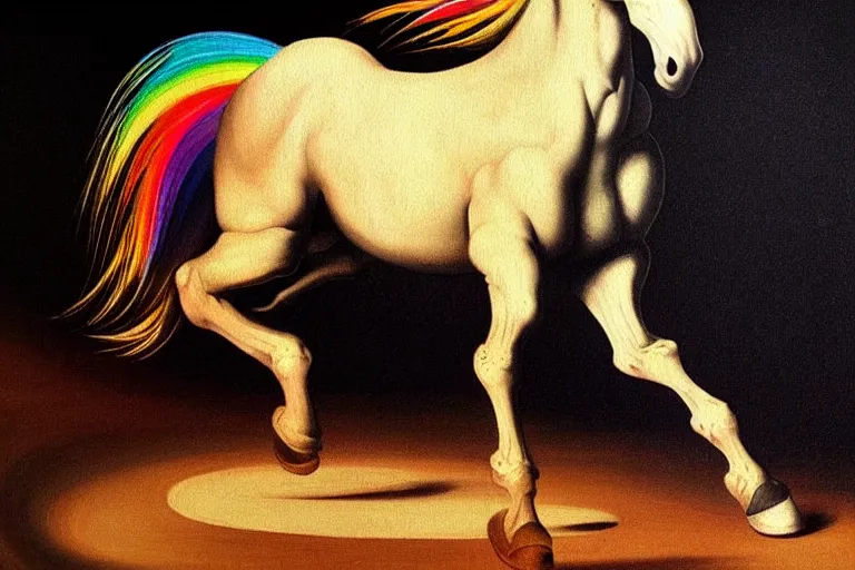 Image similar to detailed traditional painting of a unicorn walking on a solid rainbow, ((rainbow)) by Caravaggio, authentic, masterpiece, brush strokes, trending on artstation