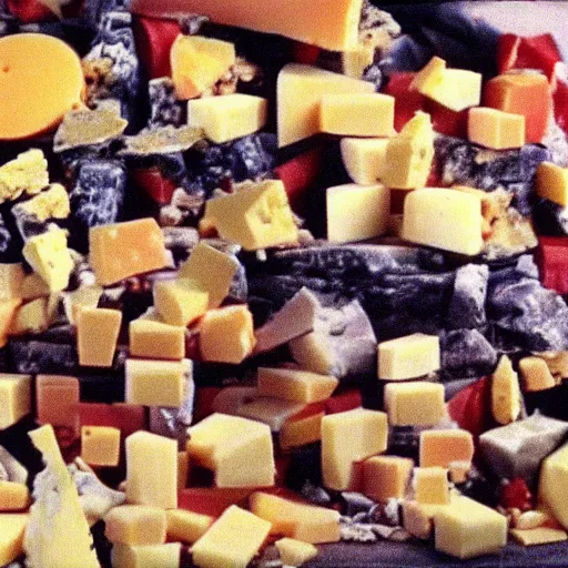 Prompt: the great cheese avalanche of 1 9 9 4 vhs footage