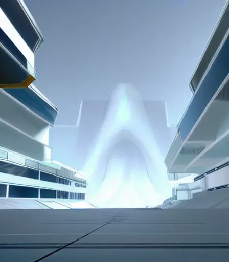 Prompt: Mirror's Edge 3 concept art, futuristic but minimalistic at the same time, clean white colors and small hints of blue and green, parkour pov