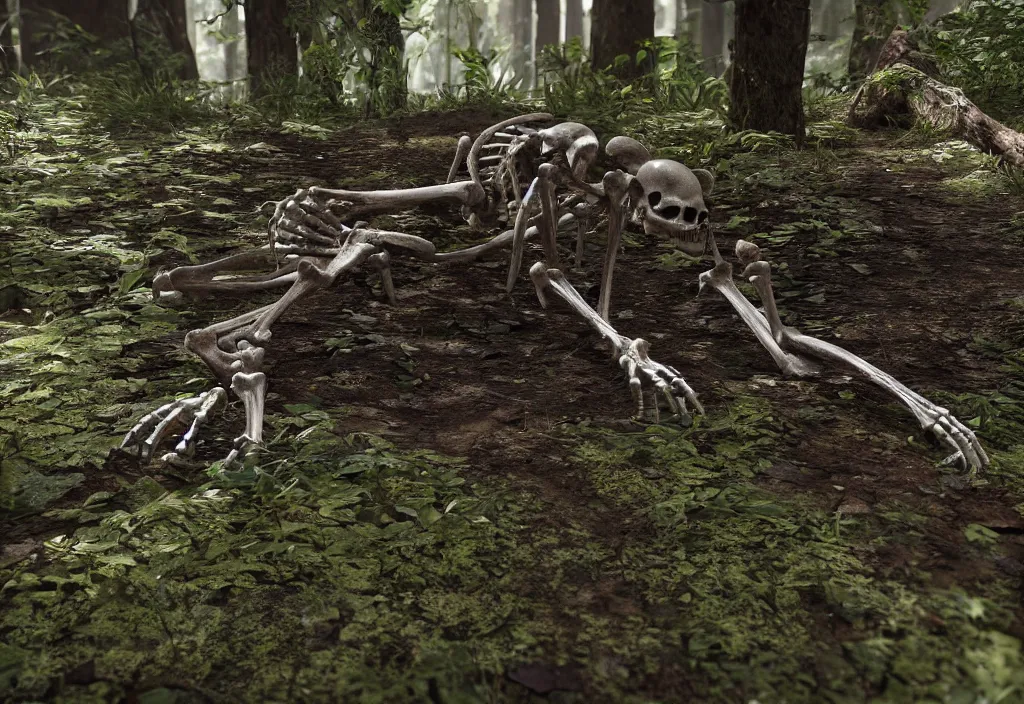 Prompt: decaying skeleton protruding barely from the dirt in a dense forrest, realism, close up, unreal engine 5.