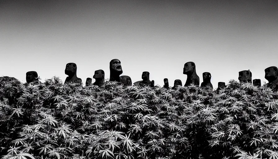 Prompt: black and white noir film. moai. cannabis plants everywhere.