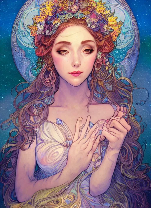 Image similar to Elune, Goddess of the Moon, ambient lighting, 4k, josephine wall, alphonse mucha, lois van baarle, ilya kuvshinov, rossdraws, artstation