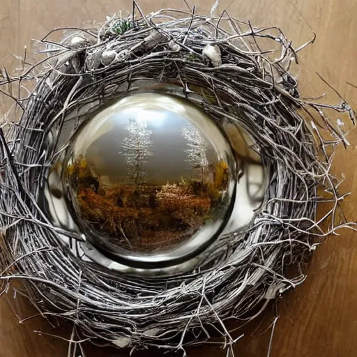 Prompt: a silver sphere backlit in an oil like texture with a wreath made of twigs and animal bones framing it