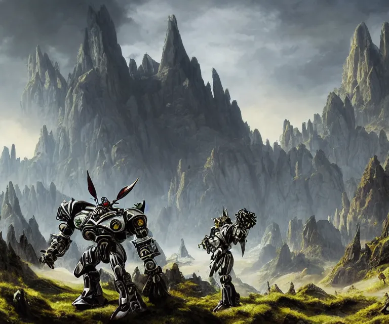 Image similar to stylistic vray 3 d render of sidescrolling shooter robotech warhammer, silver ornate armor warrior, green orcs surrounding him, mountains and giant gothic abbeys in the background!!!, hyperrealism, fine detail, 8 k, artsation contest winner, fantasy art, brush strokes, oil, canvas, by mandy jurgens and michael whelan