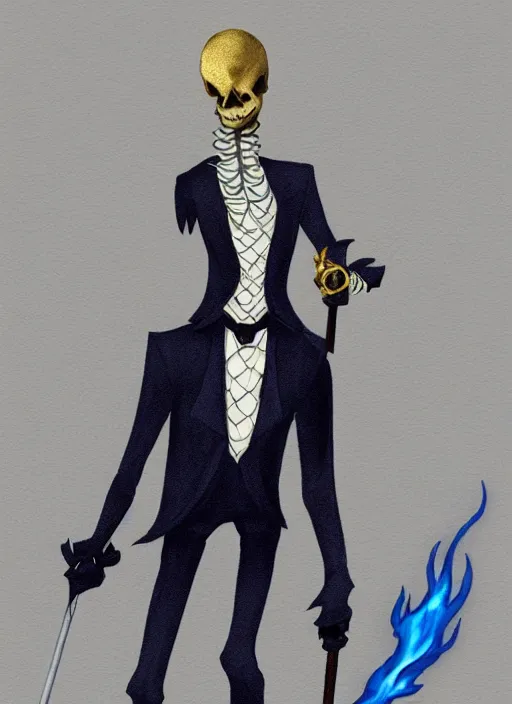 Image similar to DND character art, skeletal male figure, wearing a deep black suit!!! and tie and top hat, holding a gold! cane!, blue flames in background, blue flames