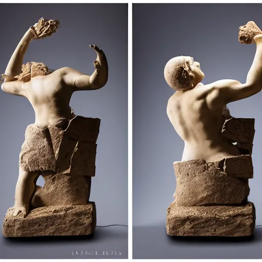 Prompt: studio photography of an ancient idol statue getting smashed into pieces, dramatic lighting