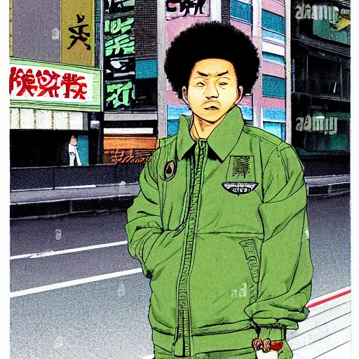 Image similar to illustration by katsuhiro otomo, black man with afro hair, stubble, wearing an adidas army green jacket, in the streets of tokyo, akira style, by katsuhiro otomo