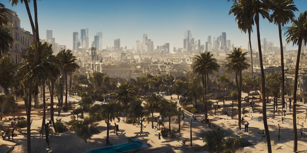 Prompt: landscape of the beautiful city of paris rebuilt near the pacific ocean in sunny california, amazing weather, sandy beach, palm trees, splendid haussmann architecture, digital painting, highly detailed, intricate, concept art, matte painting, trending on artstation, octane render, 8 k, unreal engine