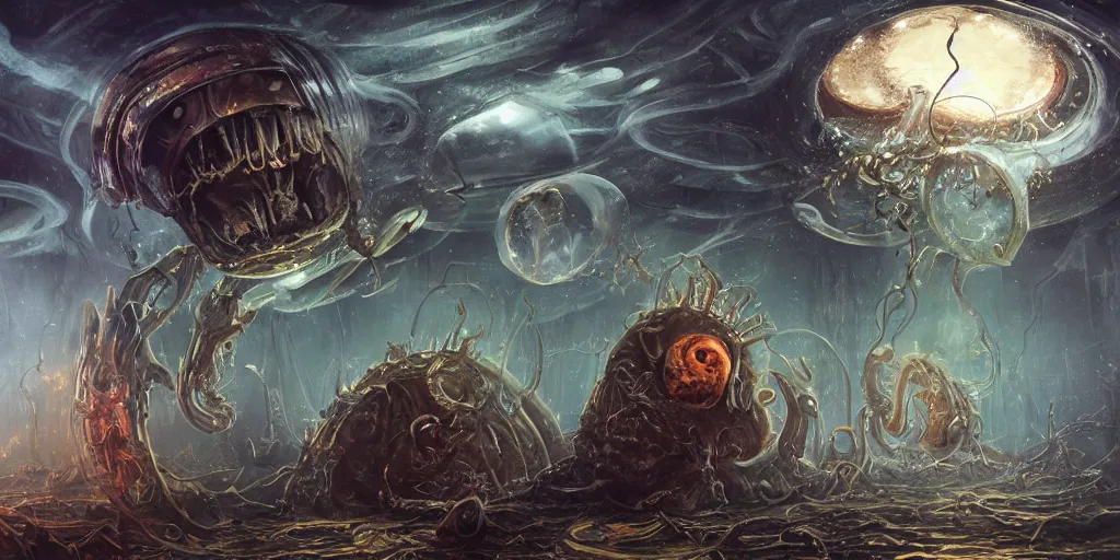 Image similar to concept art of giant translucent glowing jellyfishes, lovecraftian divers helmet, lots of teeth, melting horror, round moon, rich clouds, fighting the horrors of the unknown, mirrors, very detailed, volumetric light, mist, grim, fine art, decaying, textured oil over canvas, epic fantasy art, very colorful, ornate, anato finnstark