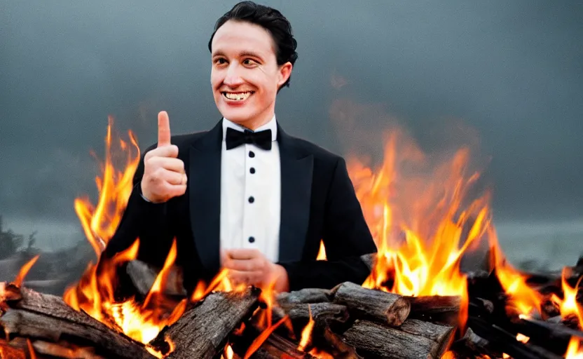 Image similar to a man wearing a tuxedo sitting in the middle of a bonfire