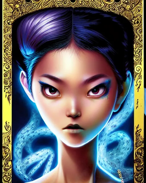 Prompt: an epic fantasy comic book style painting of a young malaysian woman, flying ice magician, lace, expressive, cold palette, dark piercing eyes, tan skin, beautiful futuristic hair style, awesome pose, character design by mark ryden pixar hayao miyazaki, ue 5