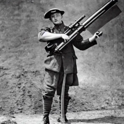 Image similar to old wartime photograph of elon musk holding a lewis gun, 1 9 1 7