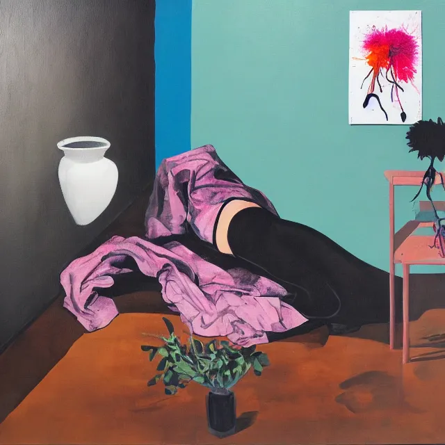 Image similar to empty room with black walls, sensual portrait of a woman sleeping, japanese vase, old flowers, puddle of water, octopus, squashed berries, neo - expressionism, surrealism, acrylic and spray paint and oilstick on canvas