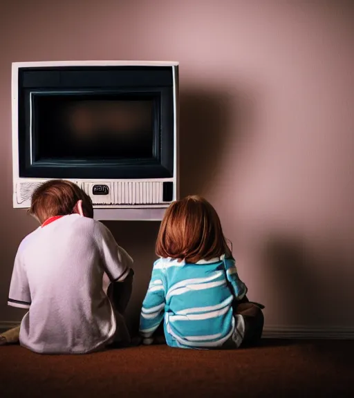 Prompt: lowlight photography of boy and girl watching old tv in dark raining room