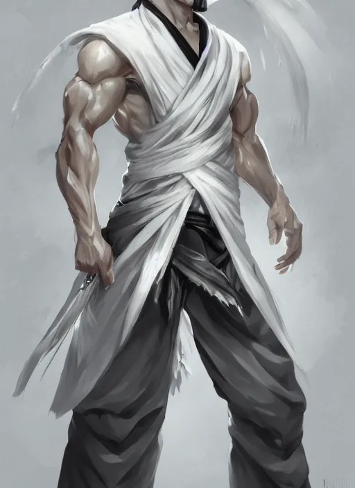 Image similar to a highly detailed illustration of fierce white haired attractive young japanese man wearing white hakama, black eyes, dramatic serious pose, muscular, intricate, elegant, highly detailed, centered, digital painting, artstation, concept art, smooth, sharp focus, league of legends concept art, wlop