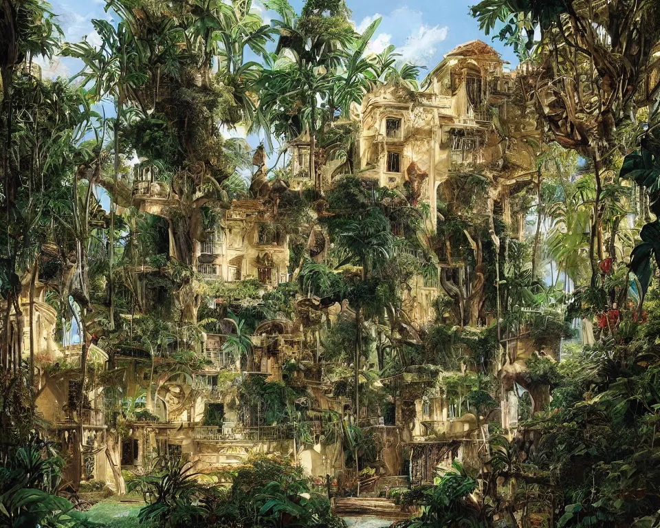 Image similar to repeating colonial mansions, overgrown with tropical foligage, by Salvador Dali and Greg Rutkowski and Giovanni Paolo Panini.