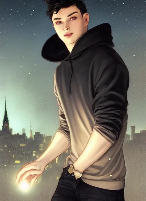 Image similar to handsome young man with short black hair, glowing light blue eyes, pale skin, wearing jeans and a black hoodie, detailed night time cityscape background, realistic painting by ross tran and gerald brom and alphonse mucha, ilya kuvshinov, svetlana tigai, artgerm, trending on artstation