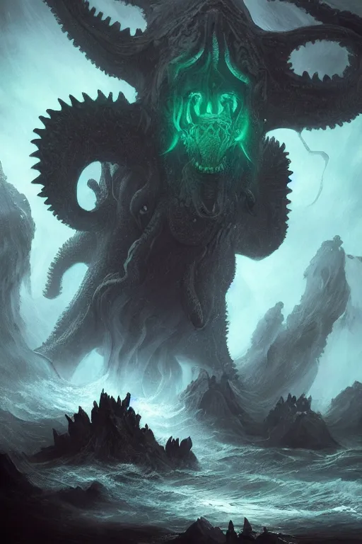 Image similar to cthulhu kaiju, ocean, storm, digital art, magic the gathering, mtg, by greg rutkowski, trending on artstation