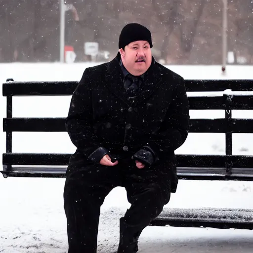 Image similar to Kevin Malone wearing a black beanie hat and black wool overcoat sitting on a park bench during the winter