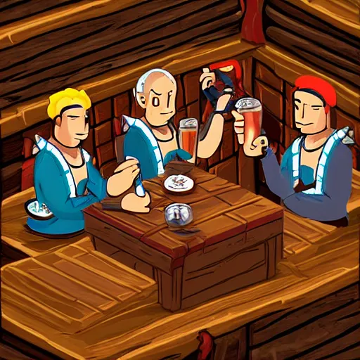 Image similar to important pirates drinking grog in a tavern table pixel