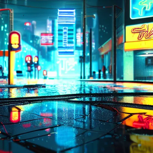 Prompt: still photo of rain puddles and neon light reflections in a cyberpunk city, highly detailed, photorealistic shot, bright studio setting, studio lighting, crisp quality and light reflections, unreal engine 5 quality render