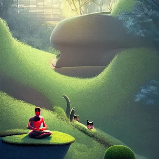 Image similar to a person meditating on hillside, next to a cute cat, concept art by chris labrooy, cgsociety, retrofuturism, sci - fi, concept art, futuristic